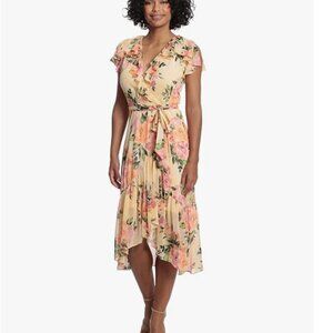 NWT London Times Boho Floral Printed Midi HiLo Dress Petites size 8 faux wrap
